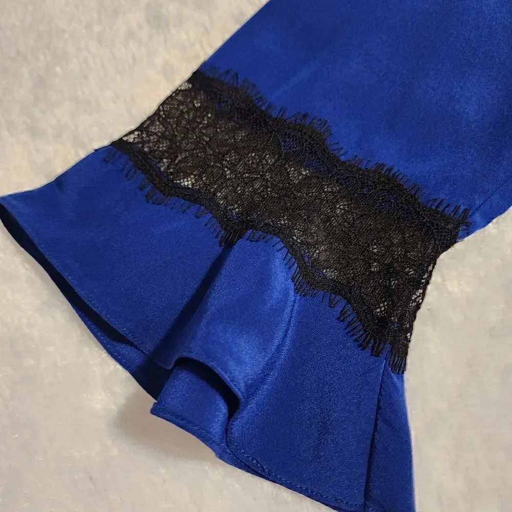 Rebecca Taylor Women Silk Royal Blue with Black Lace Trumpet Sleeve Dress Size 8 - Picture 12 of 12